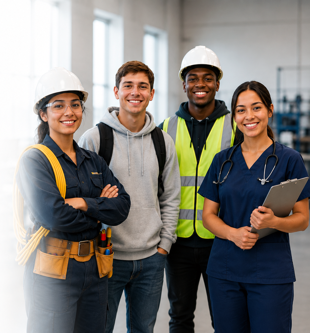 Diverse young workers in skilled trades, healthcare, and construction