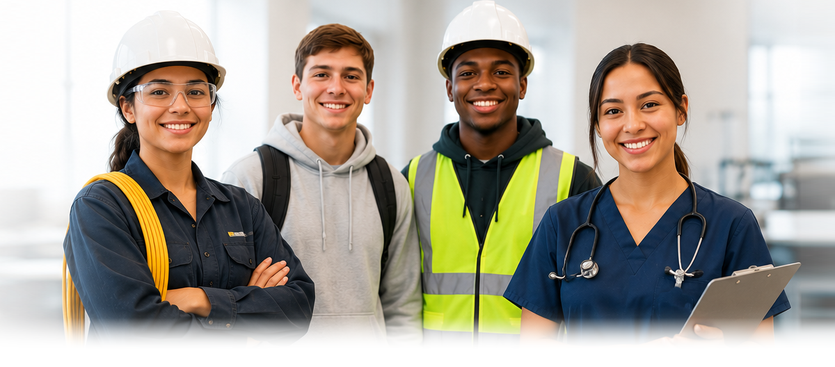 Diverse young workers in trades and healthcare